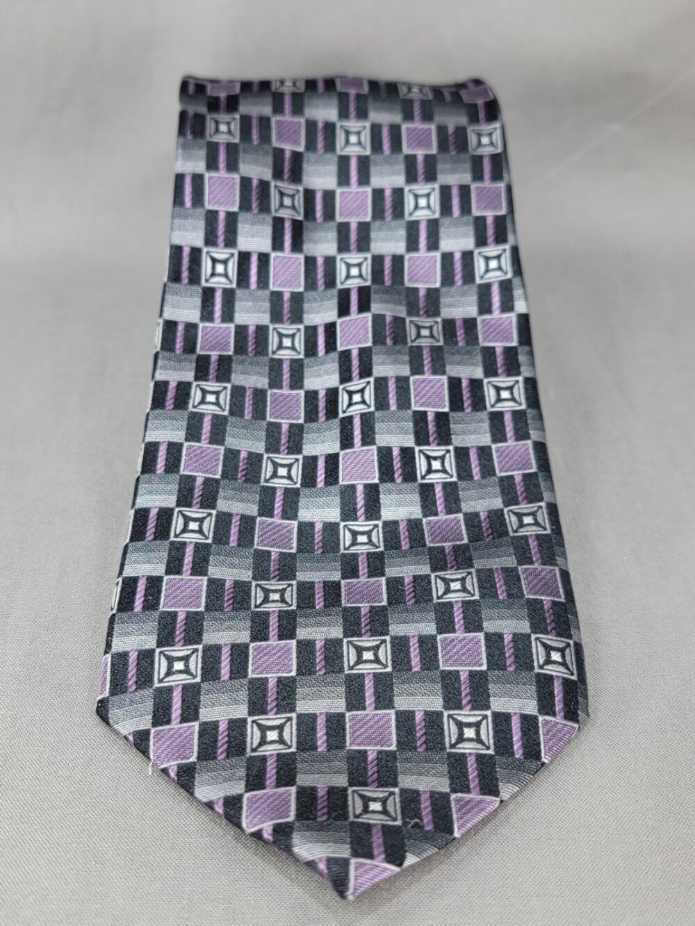 Platinum Designs Necktie Tie Mens Purple Black Gray Geometric Squares Silk
